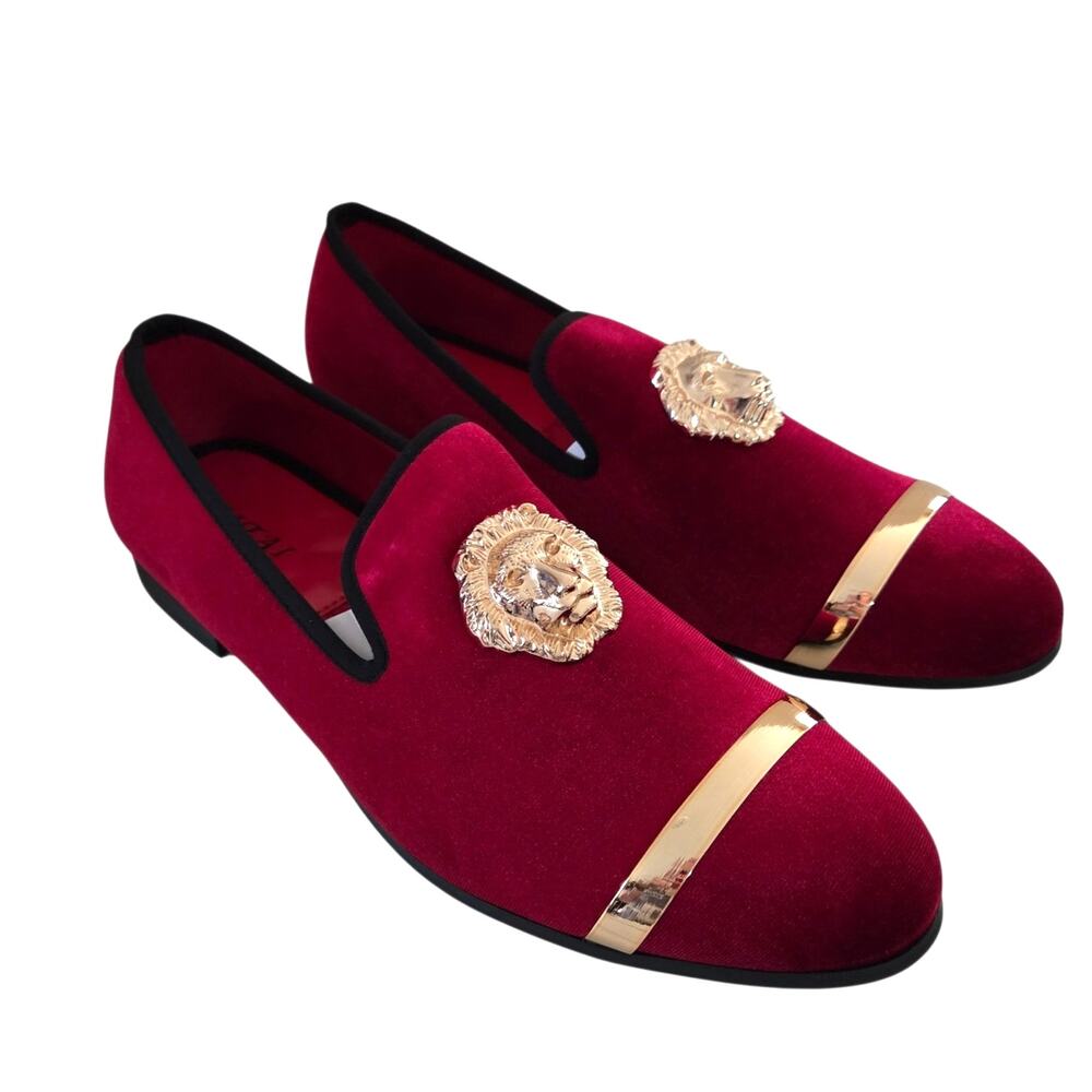 NEW JITAI Men's Red Velvet Slip-On Leather Lined Loafer Golden Lion Head Sz 13